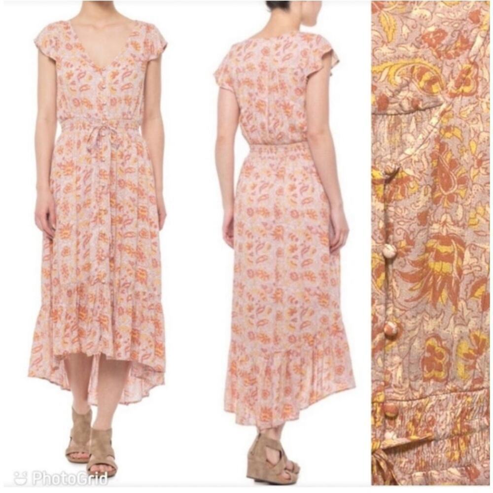 Lucky Brand Patterned Floral Flutter Sleeve Maxi Dress Size Medium